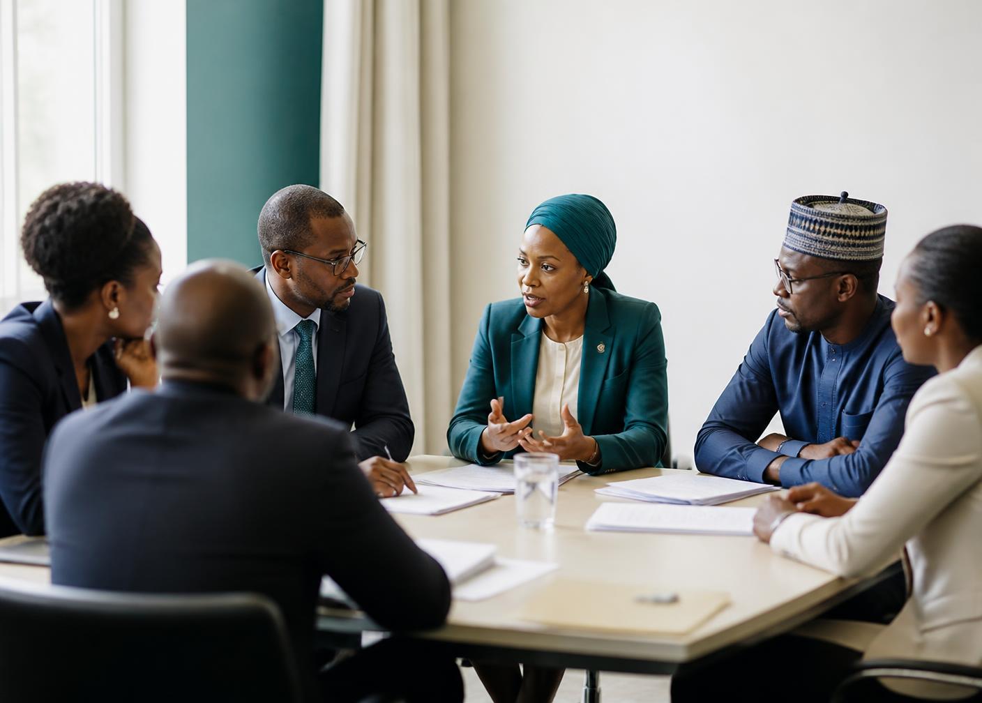 Delegates in discussion around a table at an economic dialogue session.