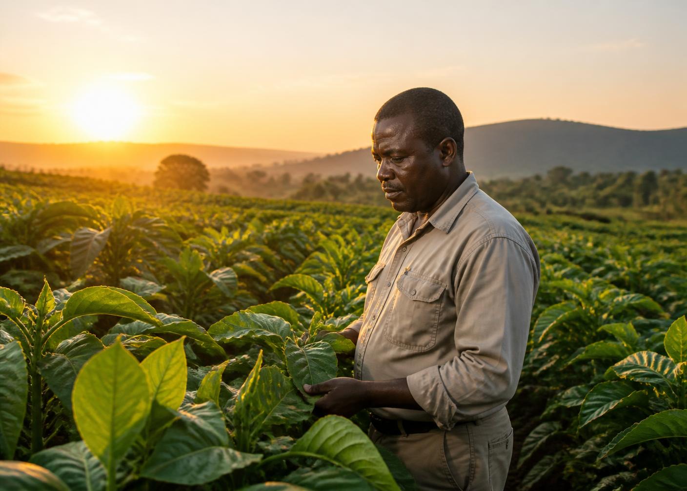 An African smallholder farmer inspecting crops on a sunlit field.