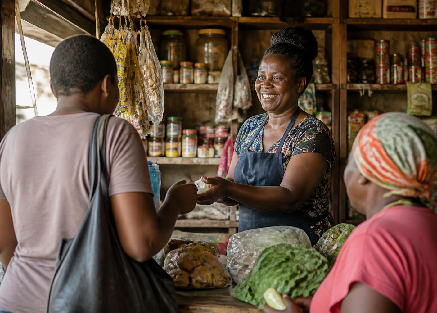 A township shopkeeper serving customers at a community trading stall.