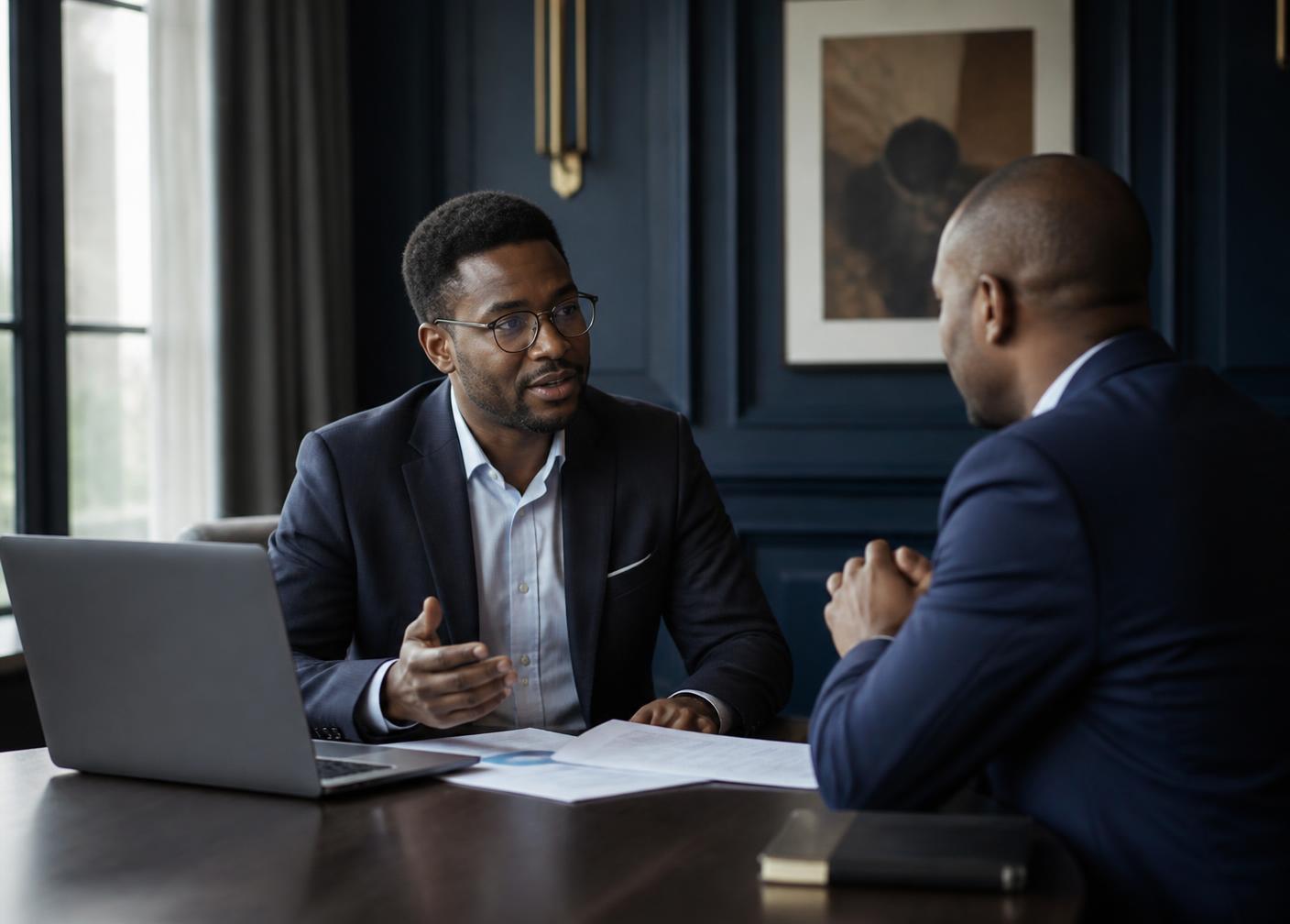 An African founder presenting an enterprise plan to an investor across a boardroom table.